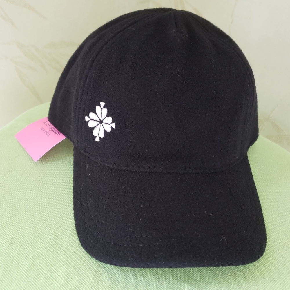 KATE SPADE SPADE FLOWER WOOL BLEND BASEBALL HAT CAP:NWT BLACK - Picture 1 of 10